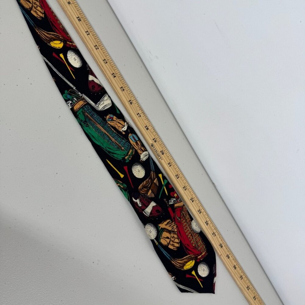Vintage Golf Theme Silk Tie Black Novelty Golf Clubs Balls Summer Event Funky - Picture 10 of 14